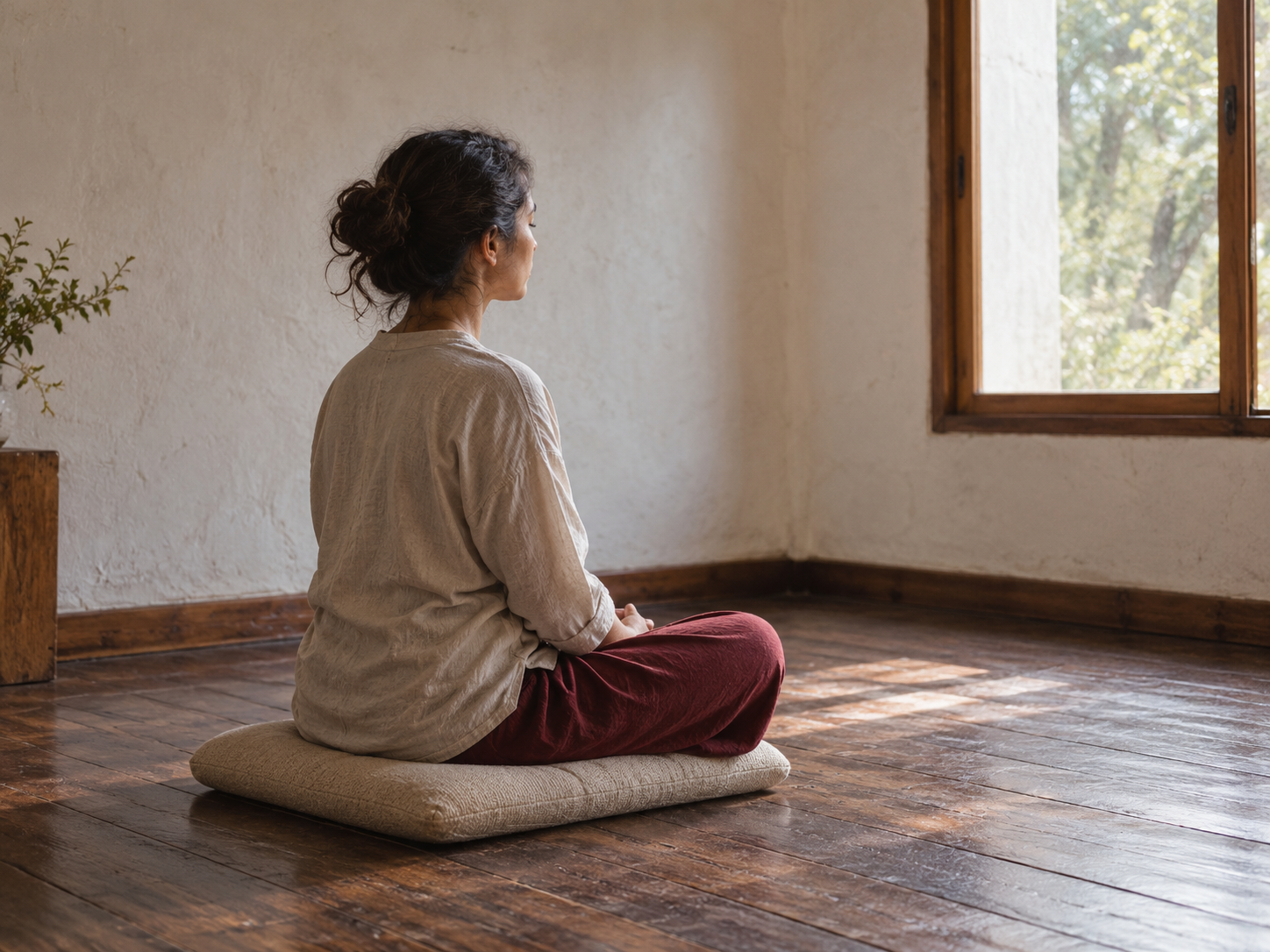 Escena ilustrativa de meditación junto a una ventana