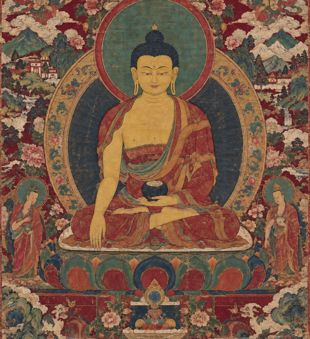 Antique Shakyamuni Thangka in Burgundy