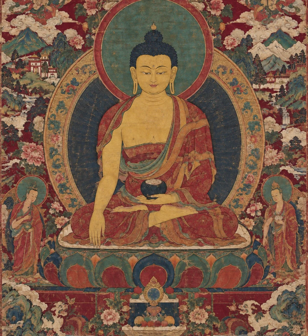 Antique Shakyamuni Thangka in Burgundy